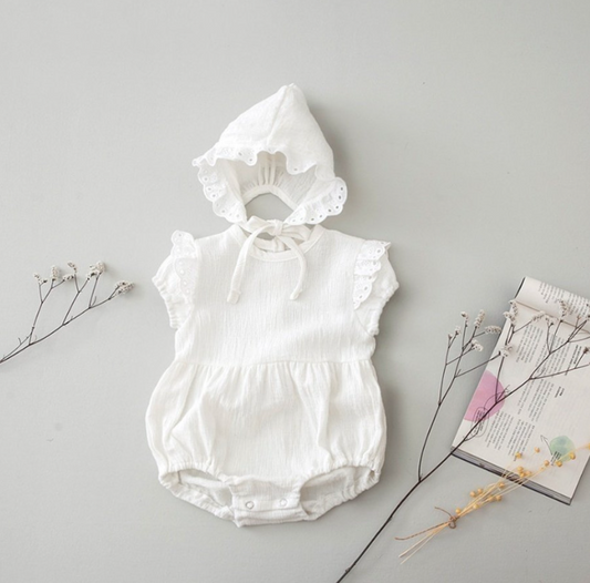 BABY LACE SHORT SLEEVE ROMPER WITH HAT