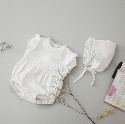 BABY LACE SHORT SLEEVE ROMPER WITH HAT