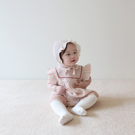 BABY FLORAL SHORT SLEEVE ROMPER WITH HAT