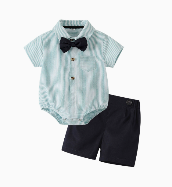 GREEN STRIPED FORMAL SHORT SLEEVE SET