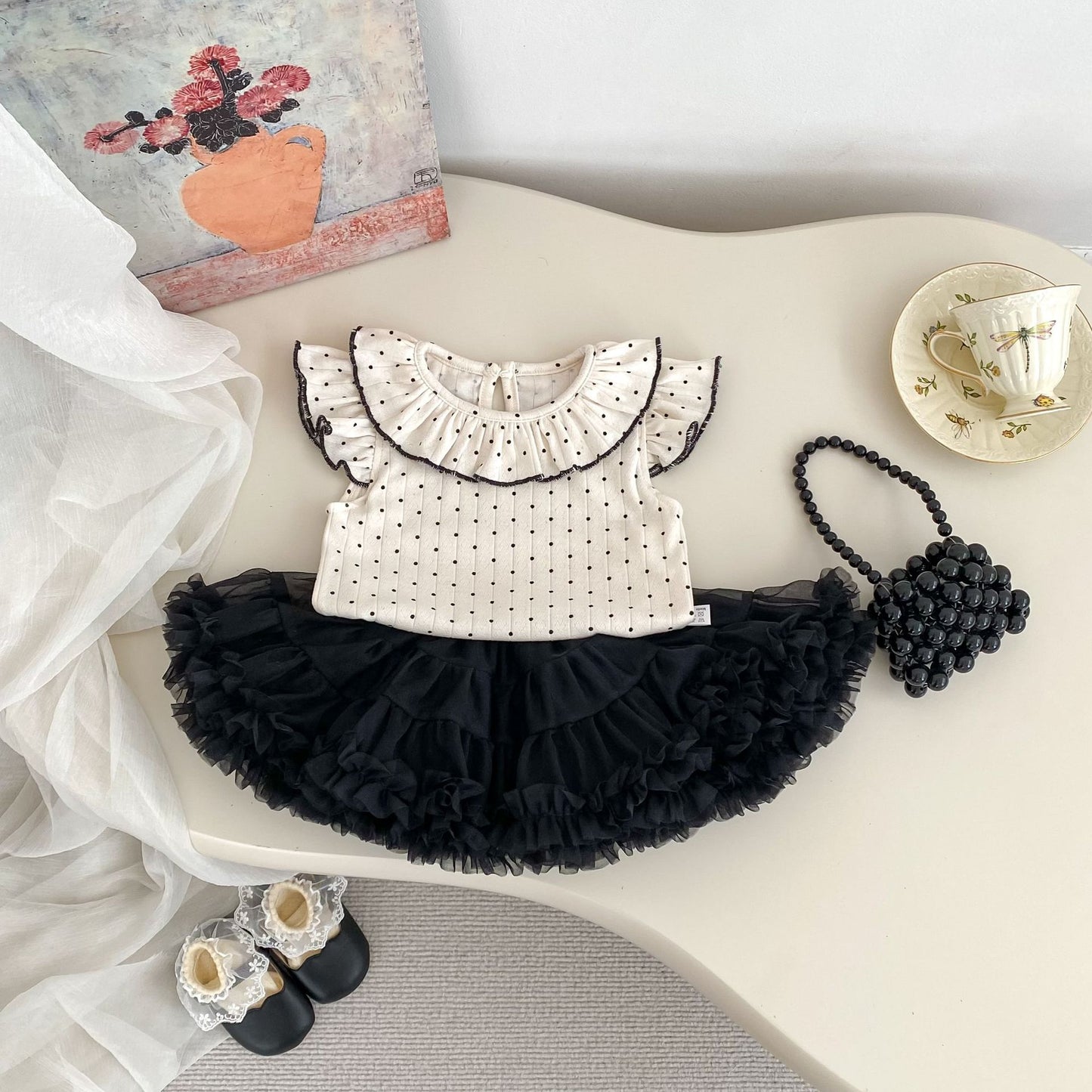 GIRLS DOTTED SLEEVELESS FRILL TOP